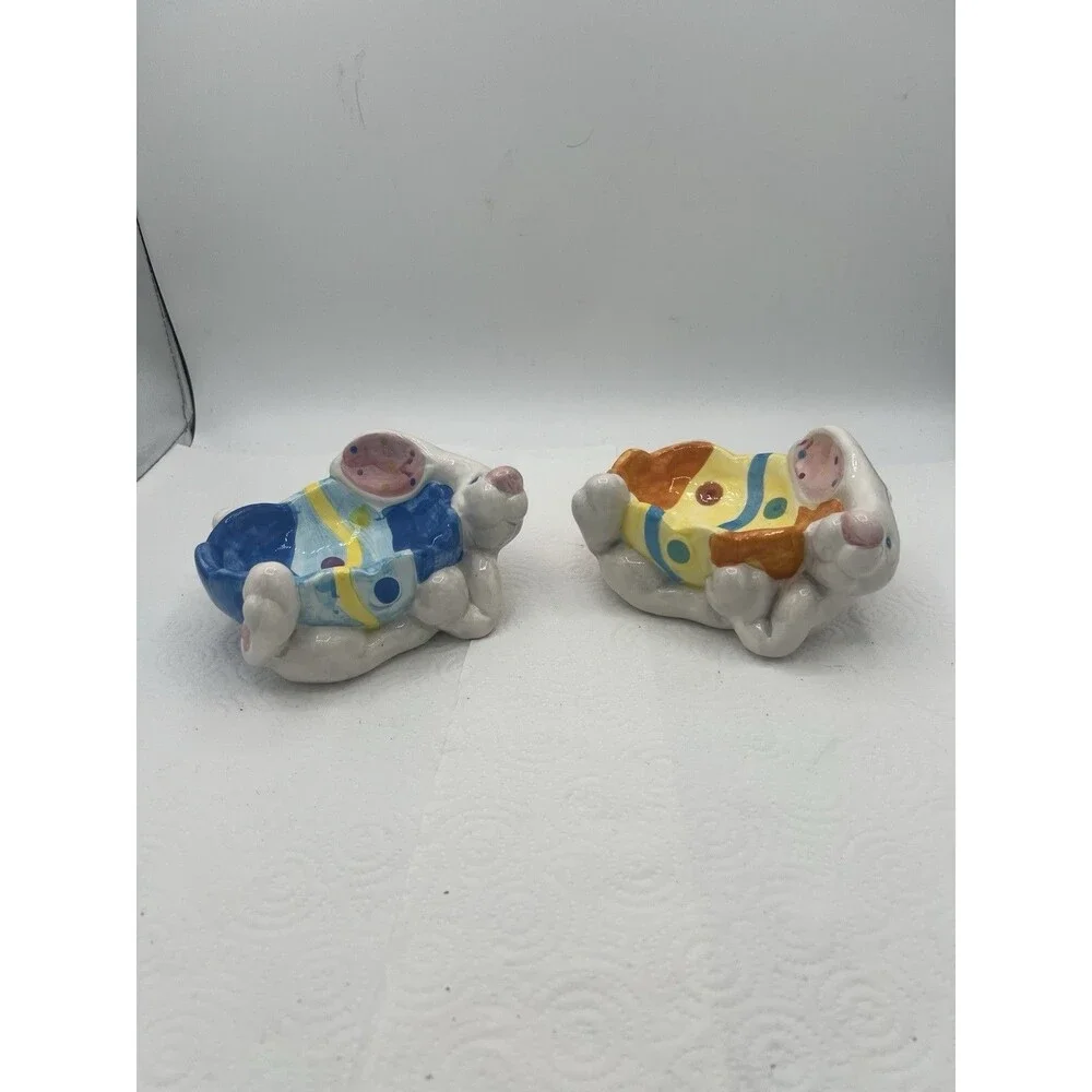 2 Colorful Easter Bunny White Rabbit Ceramic Soap Trinket Dish Tray Easter Egg